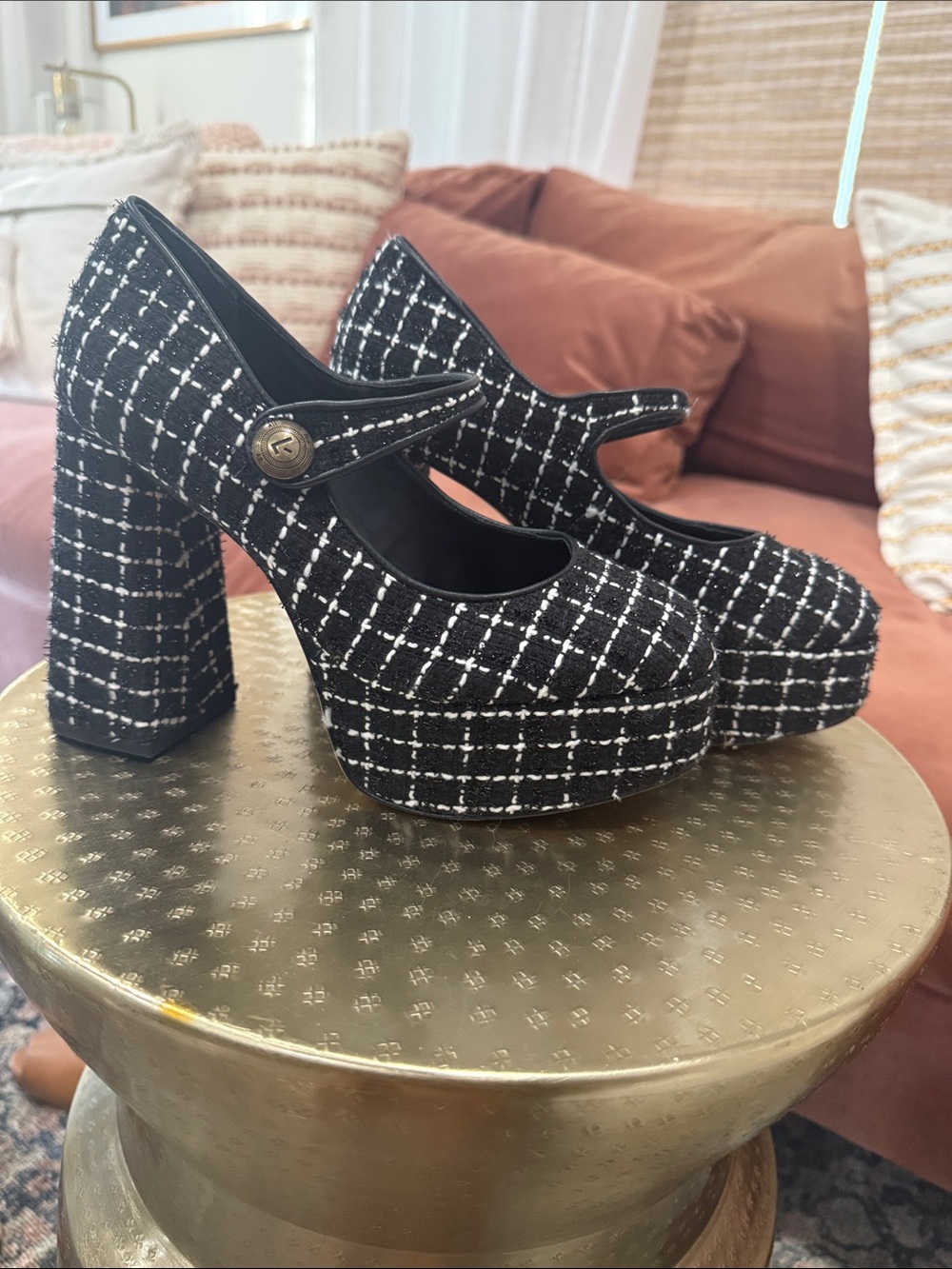 Larroude Black and White Tweed Mary Jane Platform Pumps